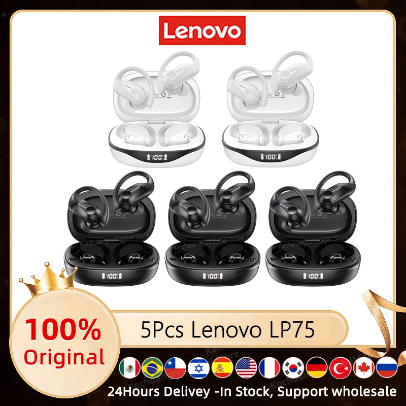 3/5/10PCS Original Lenovo LP75 TWS Sports Headphones Wireless Bluetooth 5.3 EarHook Noise Reduction Gaming Earphone Wholesale