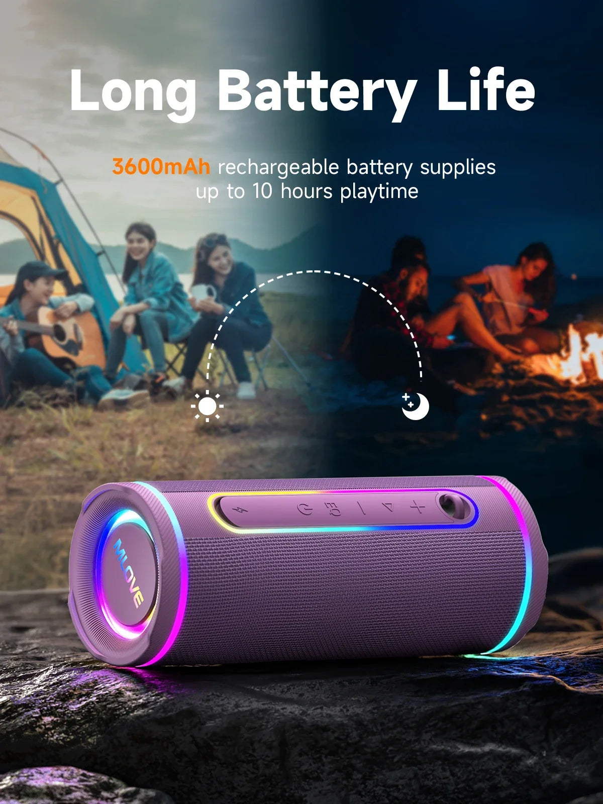 MLOVE E80 Bluetooth Speaker, Bluetooth 5.4, Dual Speakers, RGB Lights, IPX7 Waterproof, TWS Connectivity