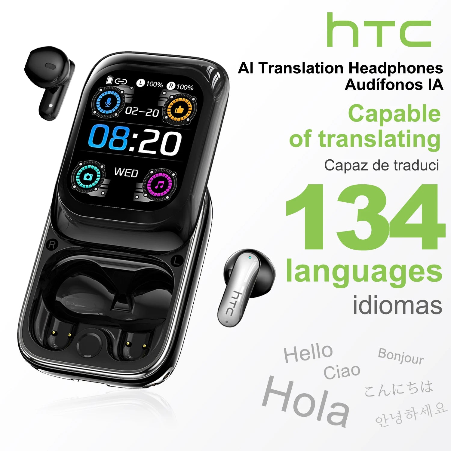 【HTC NE48】Earphones Bluetooth V6.0 TWS in-Ear Wireless Headphones AI Translator Earbud HD LED Screen Noise Reduction Calling