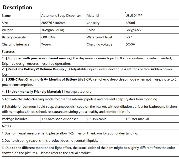 480ml Kitchen Soap Dispenser Automatic Sensor Hand Sanitizer Machine Intelligent Electric Body Wash Soap Dispenser 304 Stainless Steel