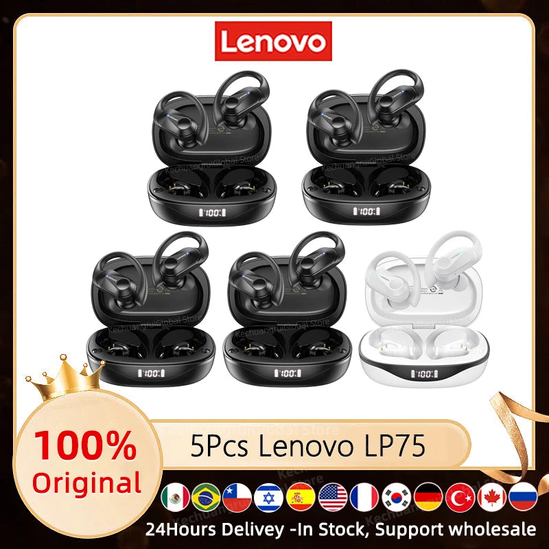 3/5/10PCS Original Lenovo LP75 TWS Sports Headphones Wireless Bluetooth 5.3 EarHook Noise Reduction Gaming Earphone Wholesale