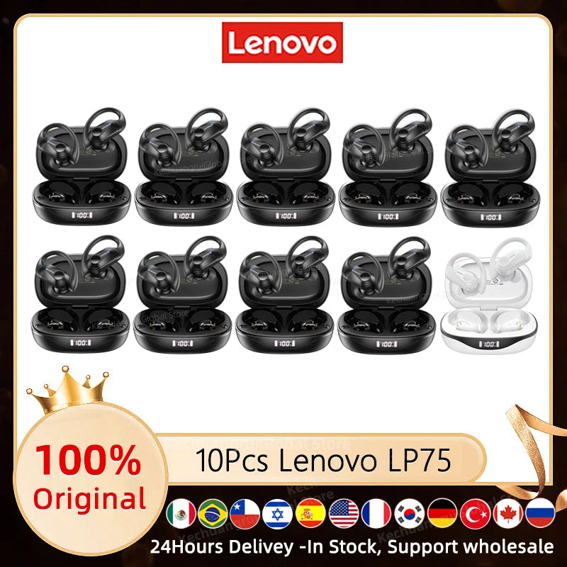 3/5/10PCS Original Lenovo LP75 TWS Sports Headphones Wireless Bluetooth 5.3 EarHook Noise Reduction Gaming Earphone Wholesale