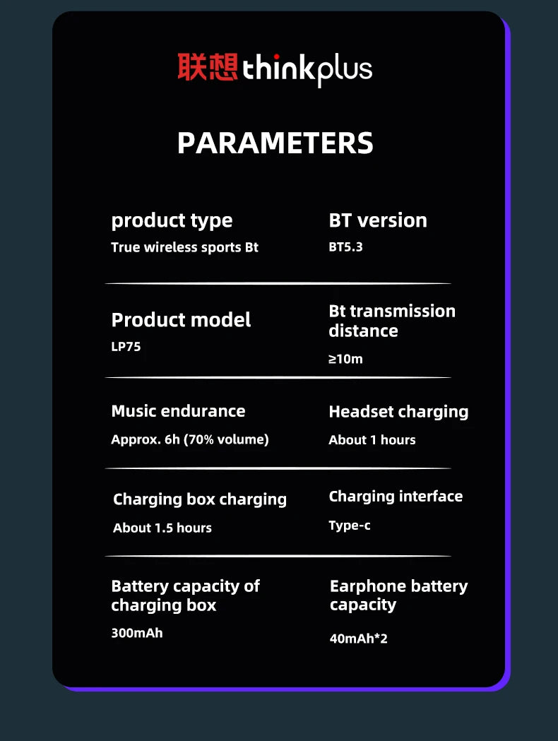 3/5/10PCS Original Lenovo LP75 TWS Sports Headphones Wireless Bluetooth 5.3 EarHook Noise Reduction Gaming Earphone Wholesale
