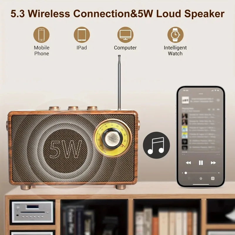 Vintage Wireless Speaker - Bluetooth/FM Radio with Deep Bass, Portable for Bedroom/Office, Supports TF Cards & AUX Cable speaker