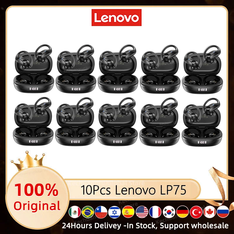 3/5/10PCS Original Lenovo LP75 TWS Sports Headphones Wireless Bluetooth 5.3 EarHook Noise Reduction Gaming Earphone Wholesale