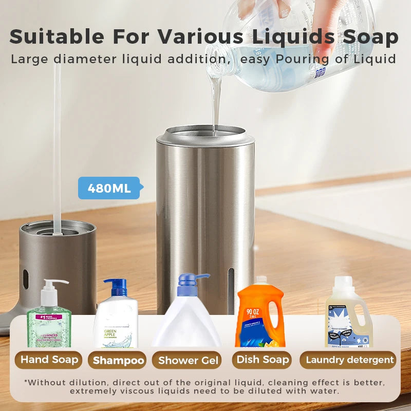 480ml Kitchen Soap Dispenser Automatic Sensor Hand Sanitizer Machine Intelligent Electric Body Wash Soap Dispenser 304 Stainless Steel
