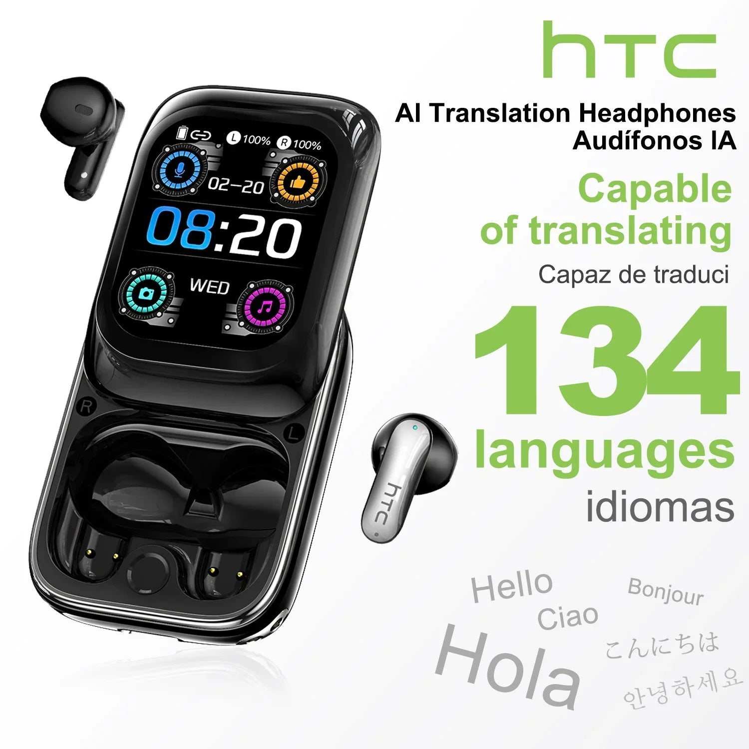 【HTC NE48】Earphones Bluetooth V6.0 TWS in-Ear Wireless Headphones AI Translator Earbud HD LED Screen Noise Reduction Calling