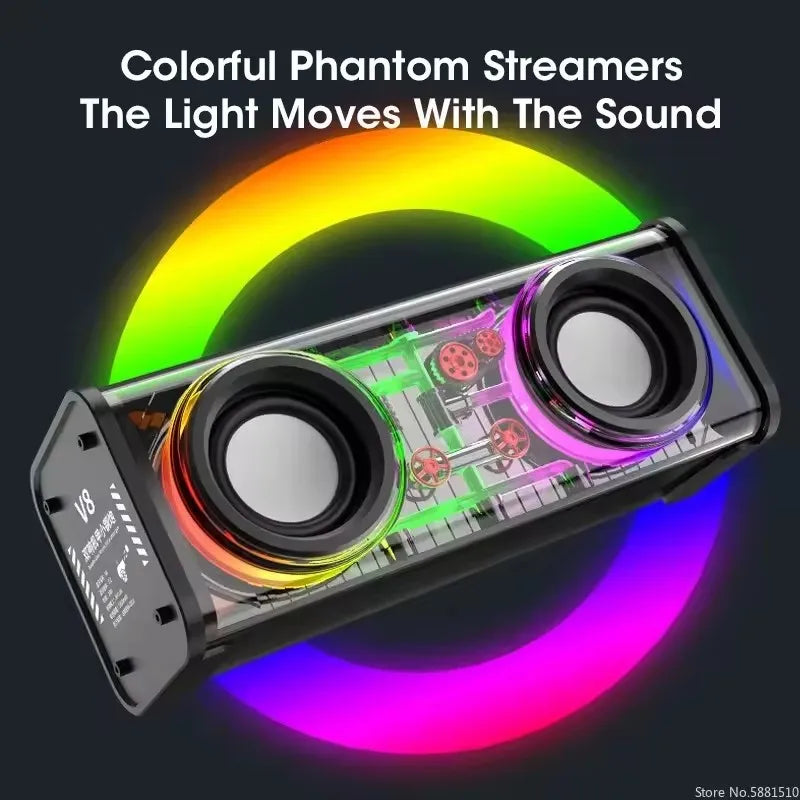TWS V8 Transparent Mecha Powerful Speaker RGB Light Bluetooth Wireless Surround Bass Subwoofer Music Mini Home Party Loudspeaker