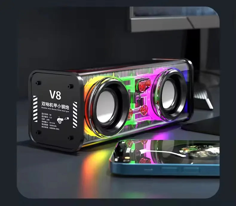 TWS V8 Transparent Mecha Powerful Speaker RGB Light Bluetooth Wireless Surround Bass Subwoofer Music Mini Home Party Loudspeaker