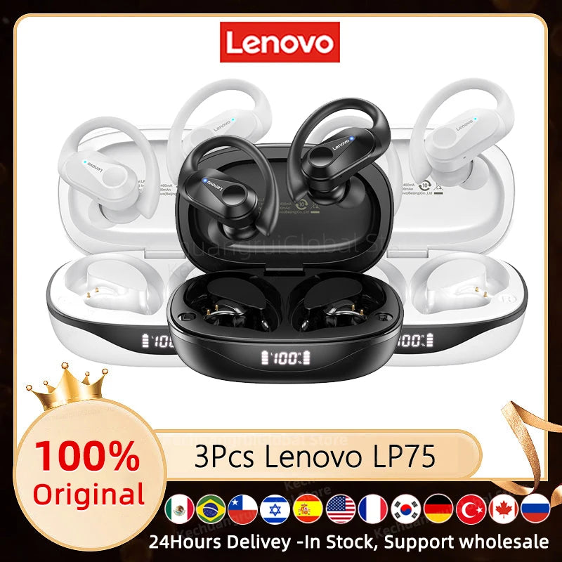 3/5/10PCS Original Lenovo LP75 TWS Sports Headphones Wireless Bluetooth 5.3 EarHook Noise Reduction Gaming Earphone Wholesale
