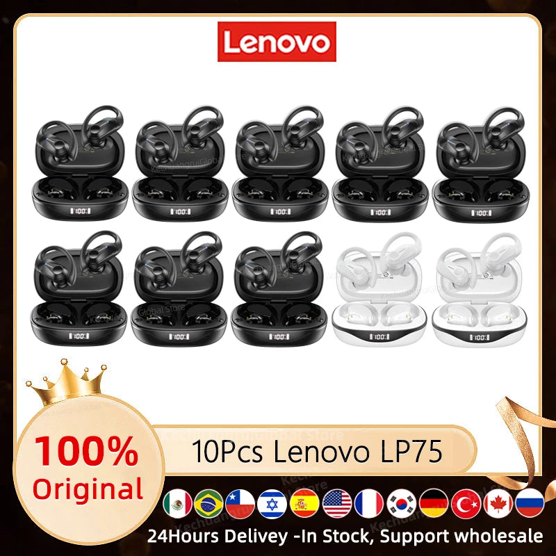 3/5/10PCS Original Lenovo LP75 TWS Sports Headphones Wireless Bluetooth 5.3 EarHook Noise Reduction Gaming Earphone Wholesale