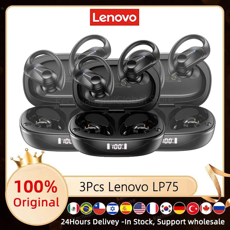3/5/10PCS Original Lenovo LP75 TWS Sports Headphones Wireless Bluetooth 5.3 EarHook Noise Reduction Gaming Earphone Wholesale