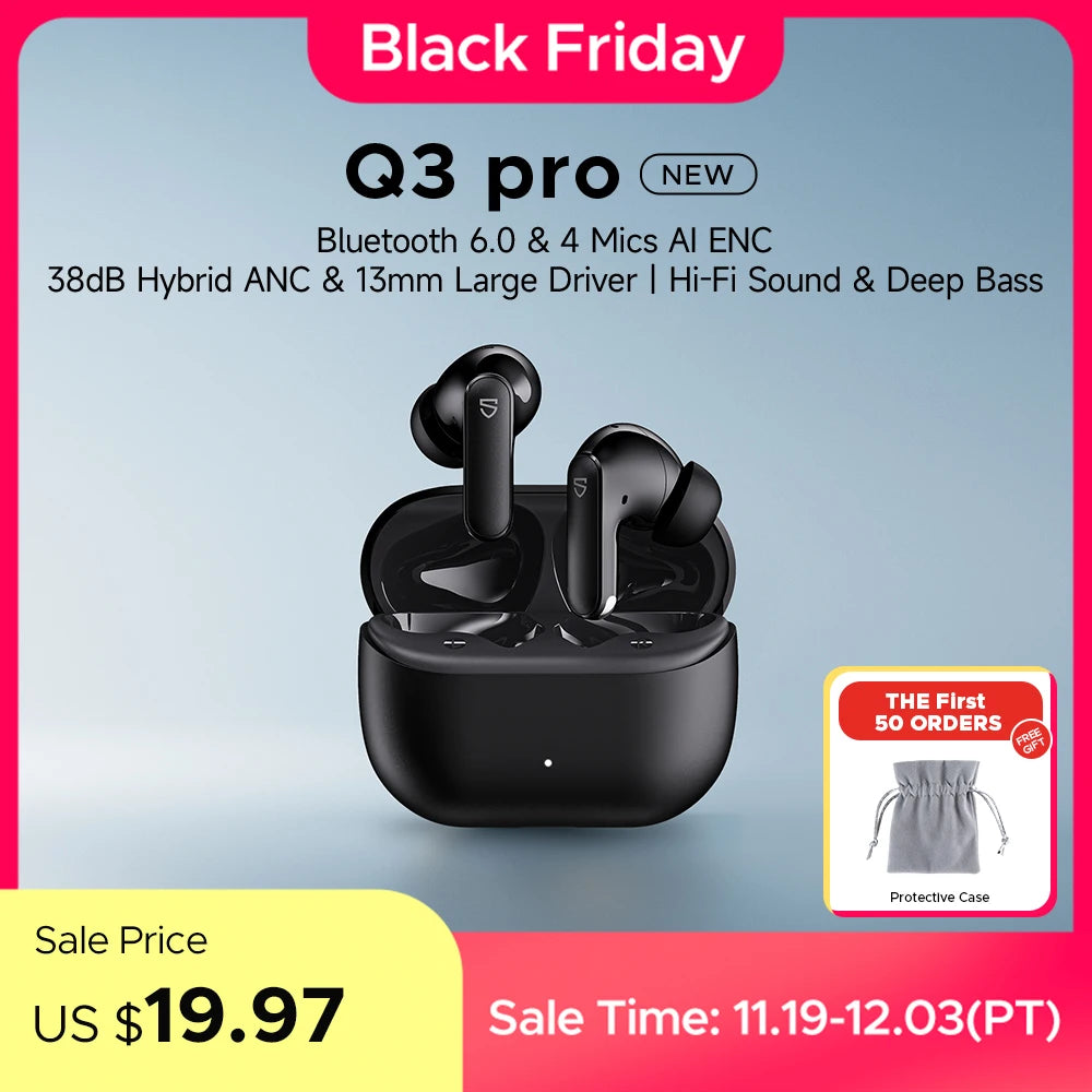 SoundPEATS Q3 pro Wireless Earbuds Active Noise Cancelling Bluetooth V6.0 Earphones with 4 Mic,13mm Driver,Multipoint Connection