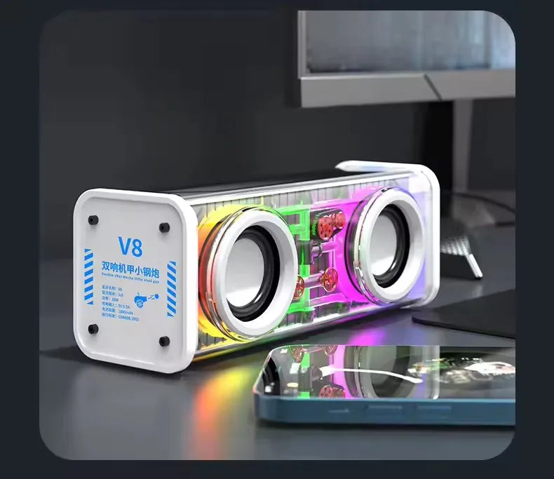 TWS V8 Transparent Mecha Powerful Speaker RGB Light Bluetooth Wireless Surround Bass Subwoofer Music Mini Home Party Loudspeaker