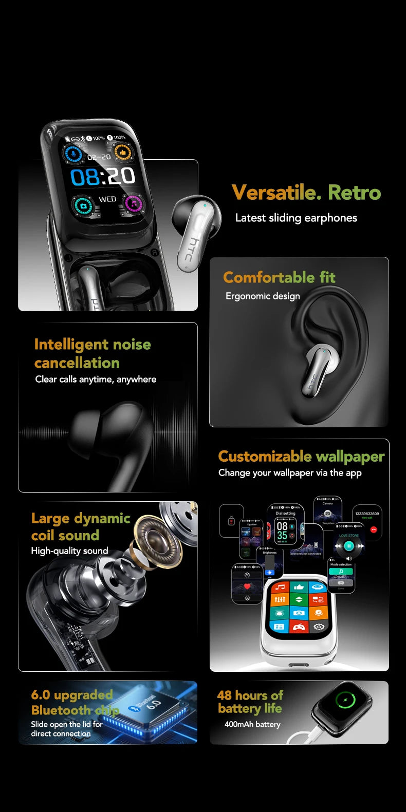 【HTC NE48】Earphones Bluetooth V6.0 TWS in-Ear Wireless Headphones AI Translator Earbud HD LED Screen Noise Reduction Calling