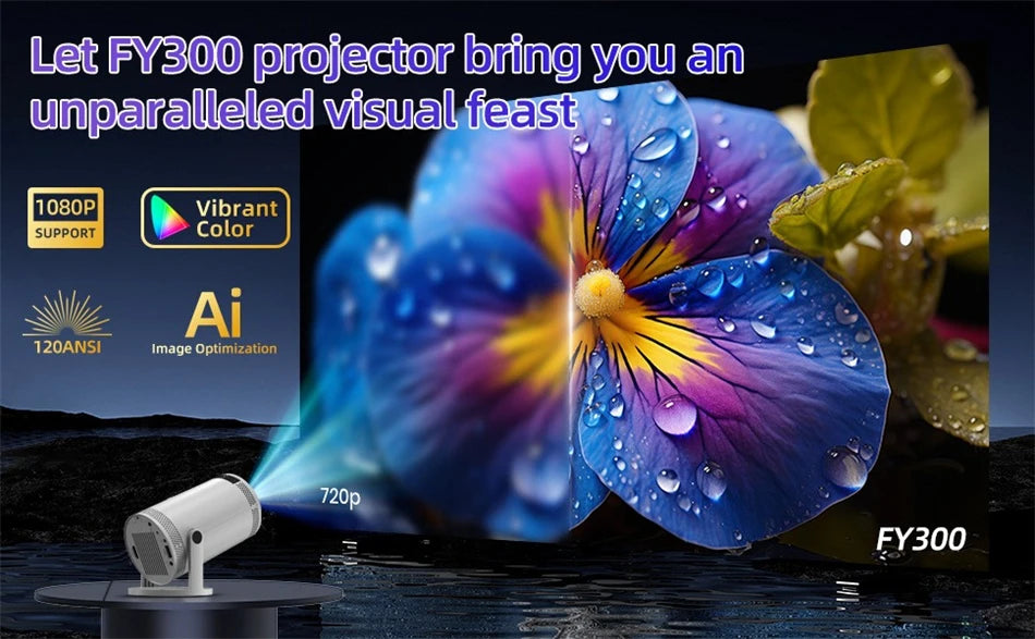 Clearance Sale- KaiAqua FY300 Mini Projector 4K 200ANSI BT5.0 720P Cinema Outdoor Portable Projetor  2000Lumens