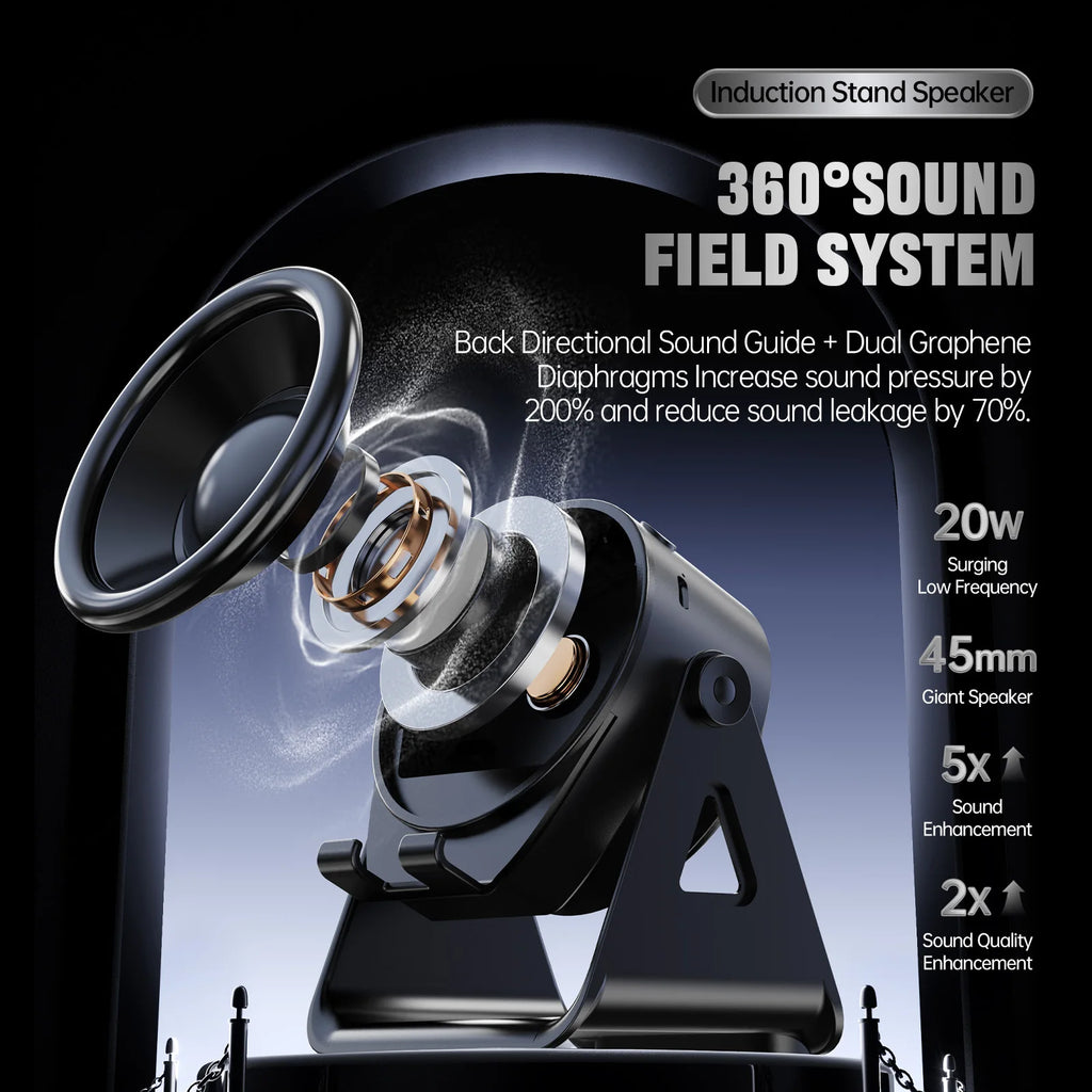 Wireless Induction Speaker,5in1 Bluetooth Speaker Phone Stand with RGB Light,360°Rotation Phone Holder Compatible iPhone Android