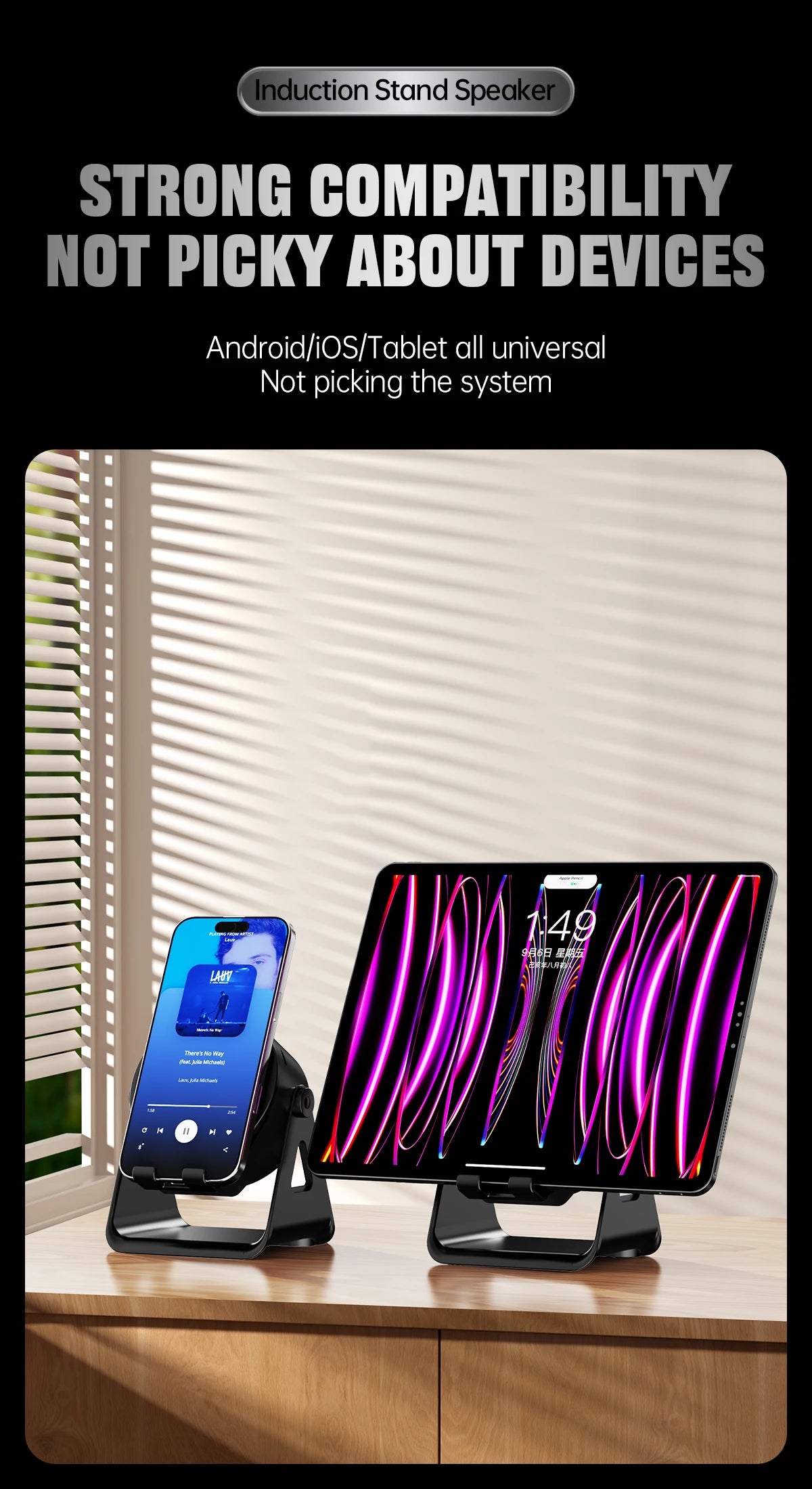 Wireless Induction Speaker,5in1 Bluetooth Speaker Phone Stand with RGB Light,360°Rotation Phone Holder Compatible iPhone Android