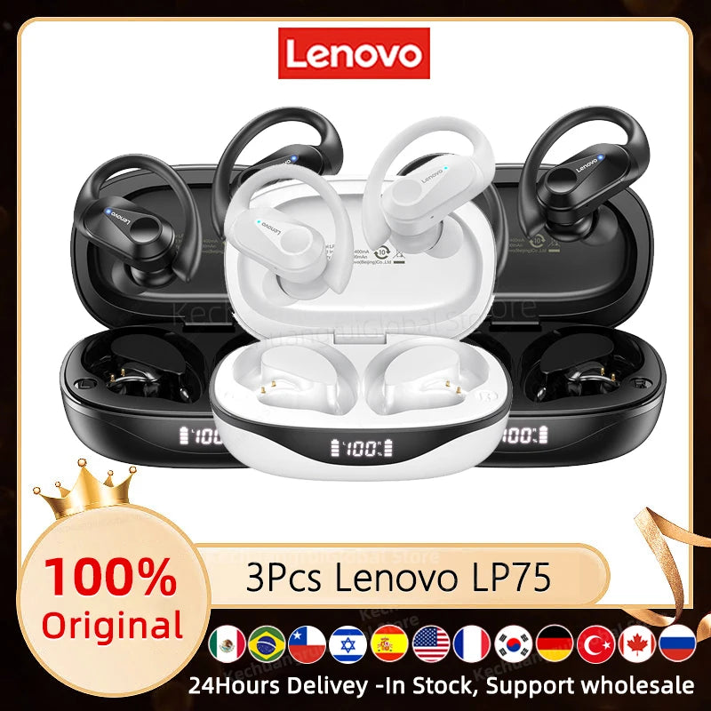 3/5/10PCS Original Lenovo LP75 TWS Sports Headphones Wireless Bluetooth 5.3 EarHook Noise Reduction Gaming Earphone Wholesale