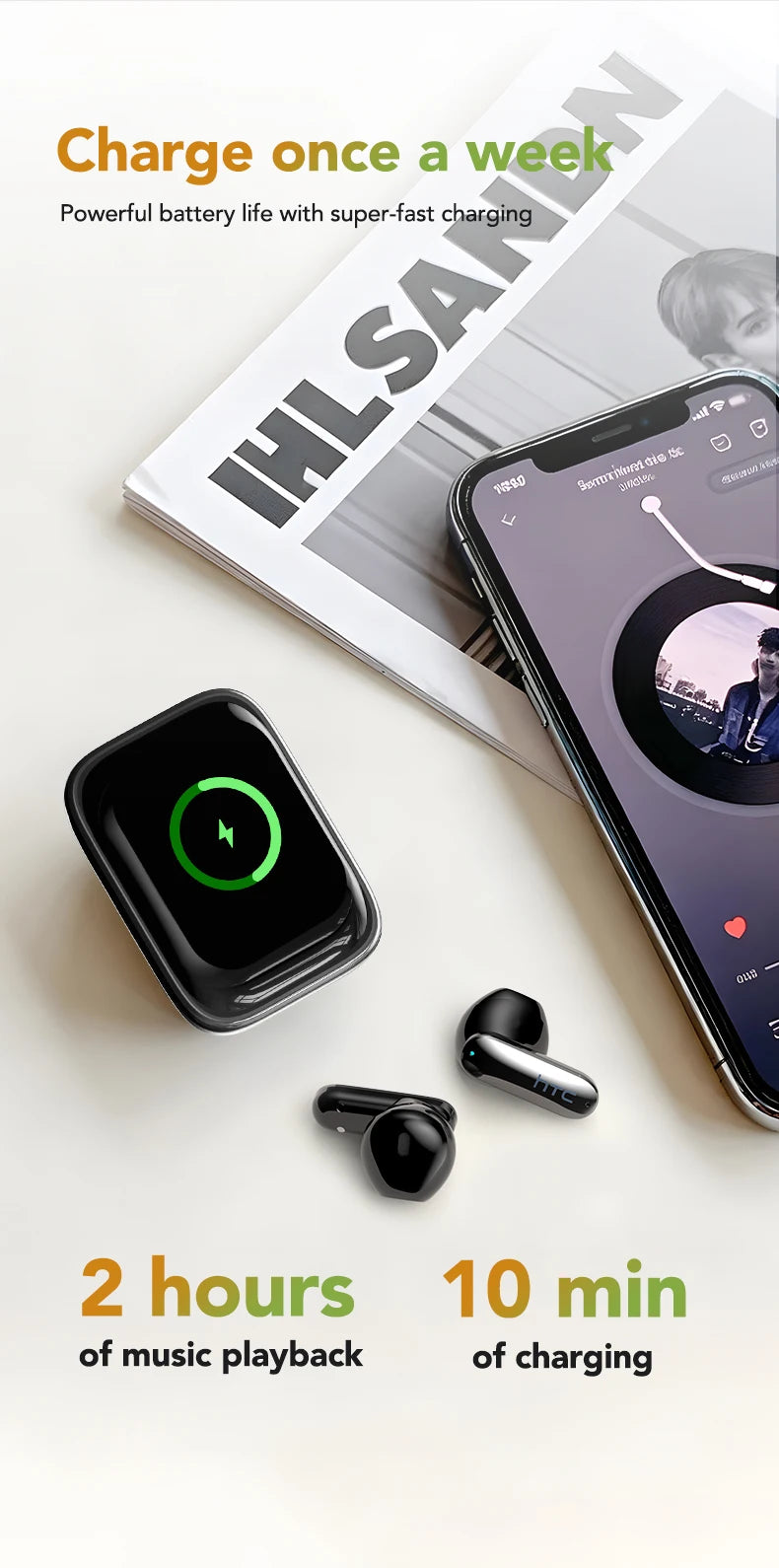 【HTC NE48】Earphones Bluetooth V6.0 TWS in-Ear Wireless Headphones AI Translator Earbud HD LED Screen Noise Reduction Calling