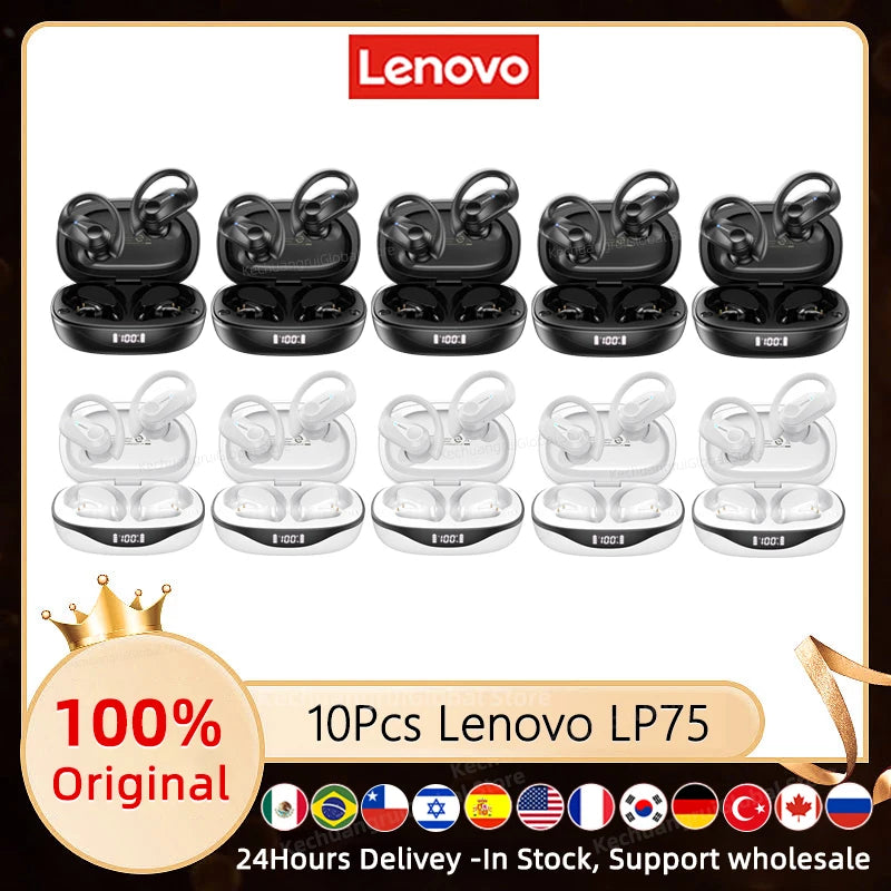 3/5/10PCS Original Lenovo LP75 TWS Sports Headphones Wireless Bluetooth 5.3 EarHook Noise Reduction Gaming Earphone Wholesale