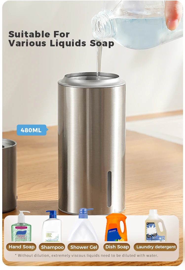 480ml Kitchen Soap Dispenser Automatic Sensor Hand Sanitizer Machine Intelligent Electric Body Wash Soap Dispenser 304 Stainless Steel