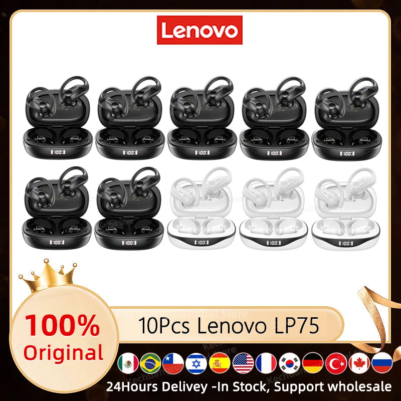 3/5/10PCS Original Lenovo LP75 TWS Sports Headphones Wireless Bluetooth 5.3 EarHook Noise Reduction Gaming Earphone Wholesale