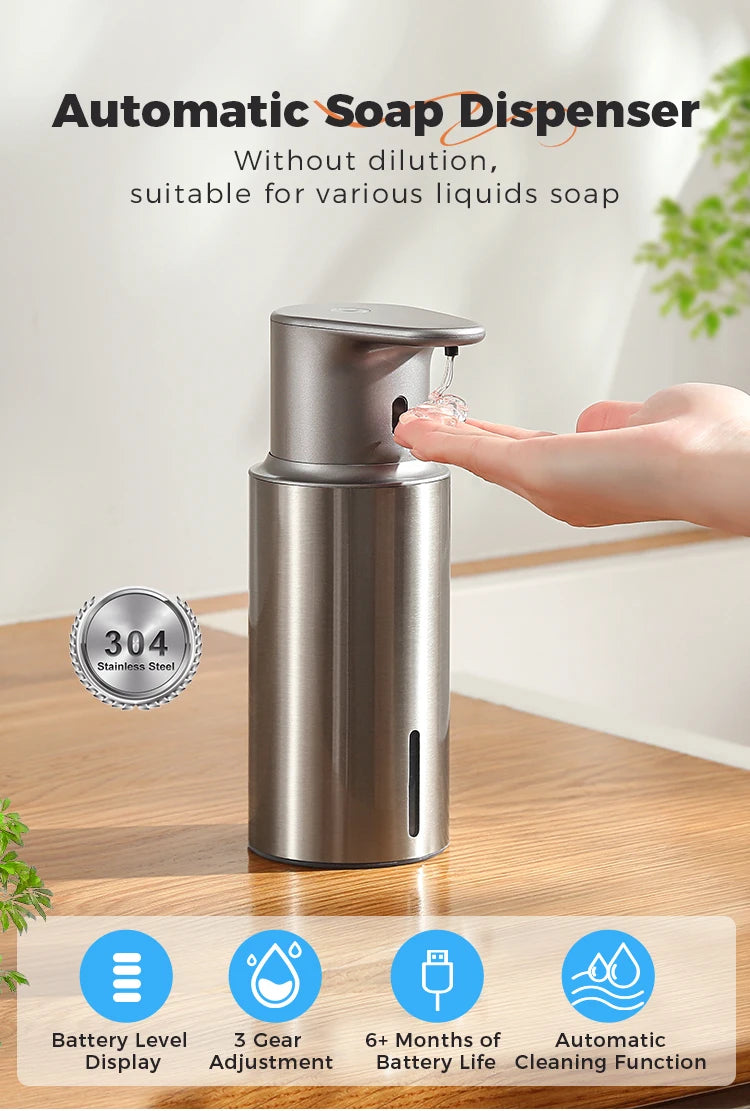 480ml Kitchen Soap Dispenser Automatic Sensor Hand Sanitizer Machine Intelligent Electric Body Wash Soap Dispenser 304 Stainless Steel