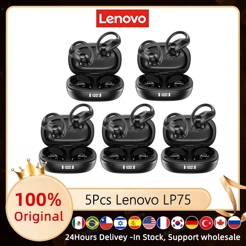 3/5/10PCS Original Lenovo LP75 TWS Sports Headphones Wireless Bluetooth 5.3 EarHook Noise Reduction Gaming Earphone Wholesale