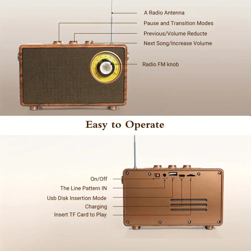 Vintage Wireless Speaker - Bluetooth/FM Radio with Deep Bass, Portable for Bedroom/Office, Supports TF Cards & AUX Cable speaker