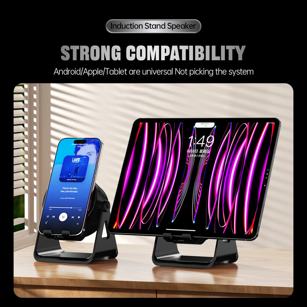 Wireless Induction Speaker,5in1 Bluetooth Speaker Phone Stand with RGB Light,360°Rotation Phone Holder Compatible iPhone Android