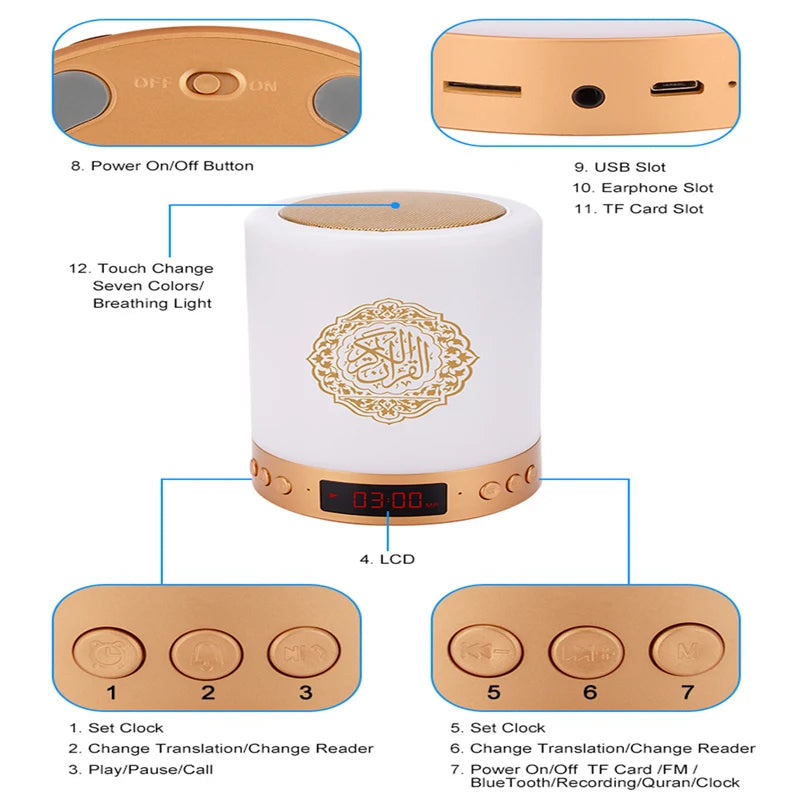 Bright Quran Azan Muslim Koran Bluetooth Speaker Portable Night Light Holy Lamp Sound Box Music Wireless Caixa De Som Bocina Mp3