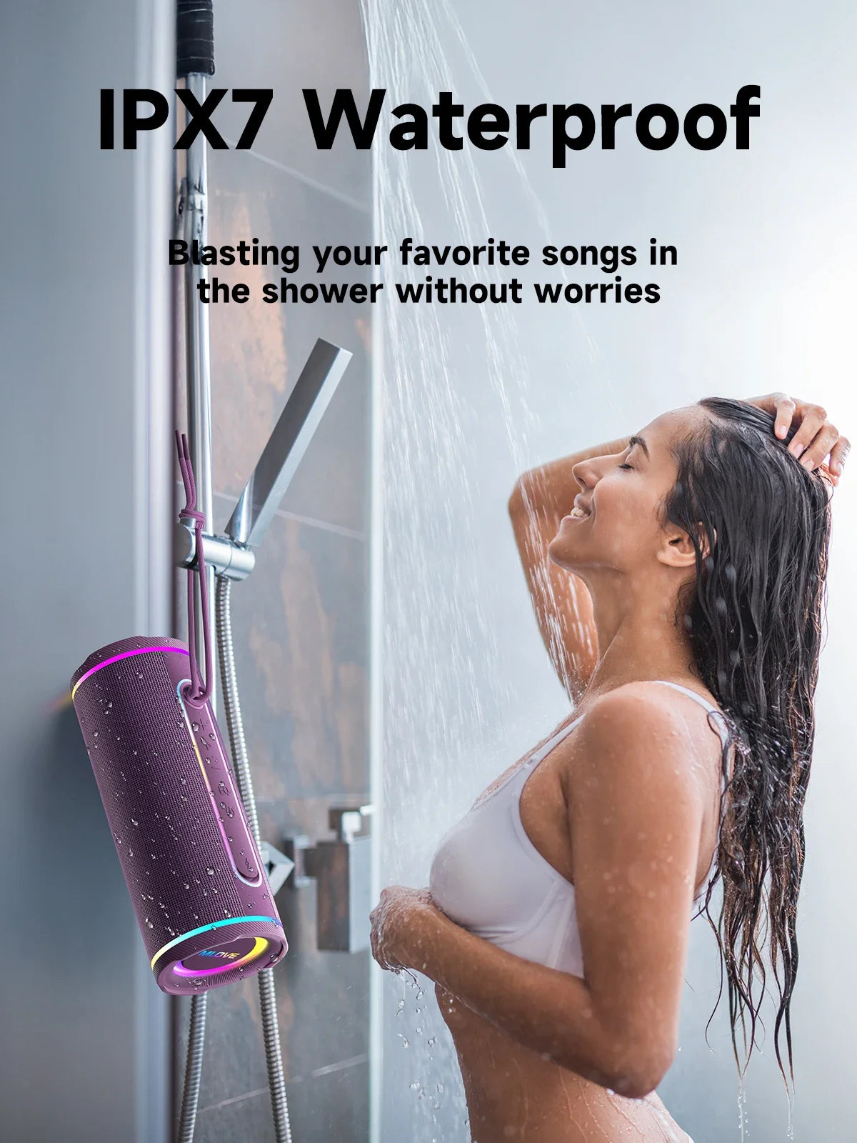 MLOVE E80 Bluetooth Speaker, Bluetooth 5.4, Dual Speakers, RGB Lights, IPX7 Waterproof, TWS Connectivity