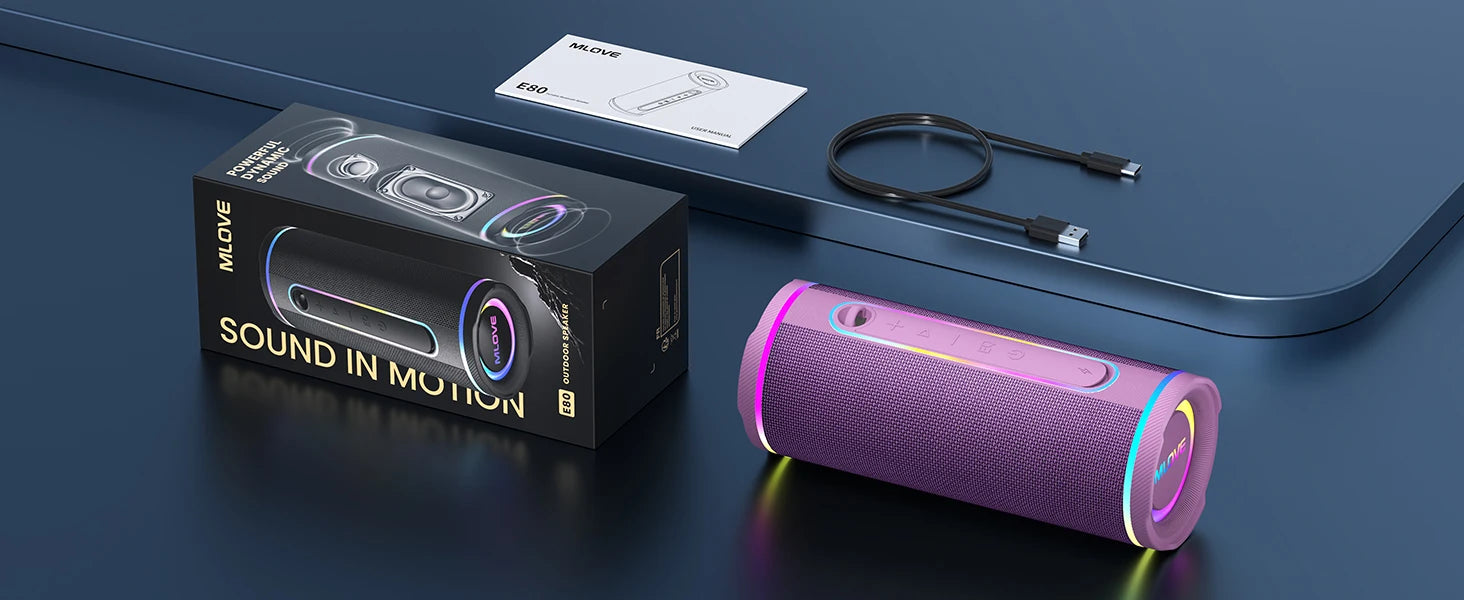 MLOVE E80 Bluetooth Speaker, Bluetooth 5.4, Dual Speakers, RGB Lights, IPX7 Waterproof, TWS Connectivity