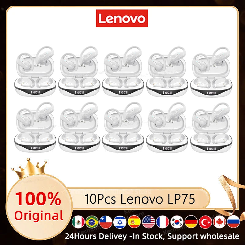 3/5/10PCS Original Lenovo LP75 TWS Sports Headphones Wireless Bluetooth 5.3 EarHook Noise Reduction Gaming Earphone Wholesale