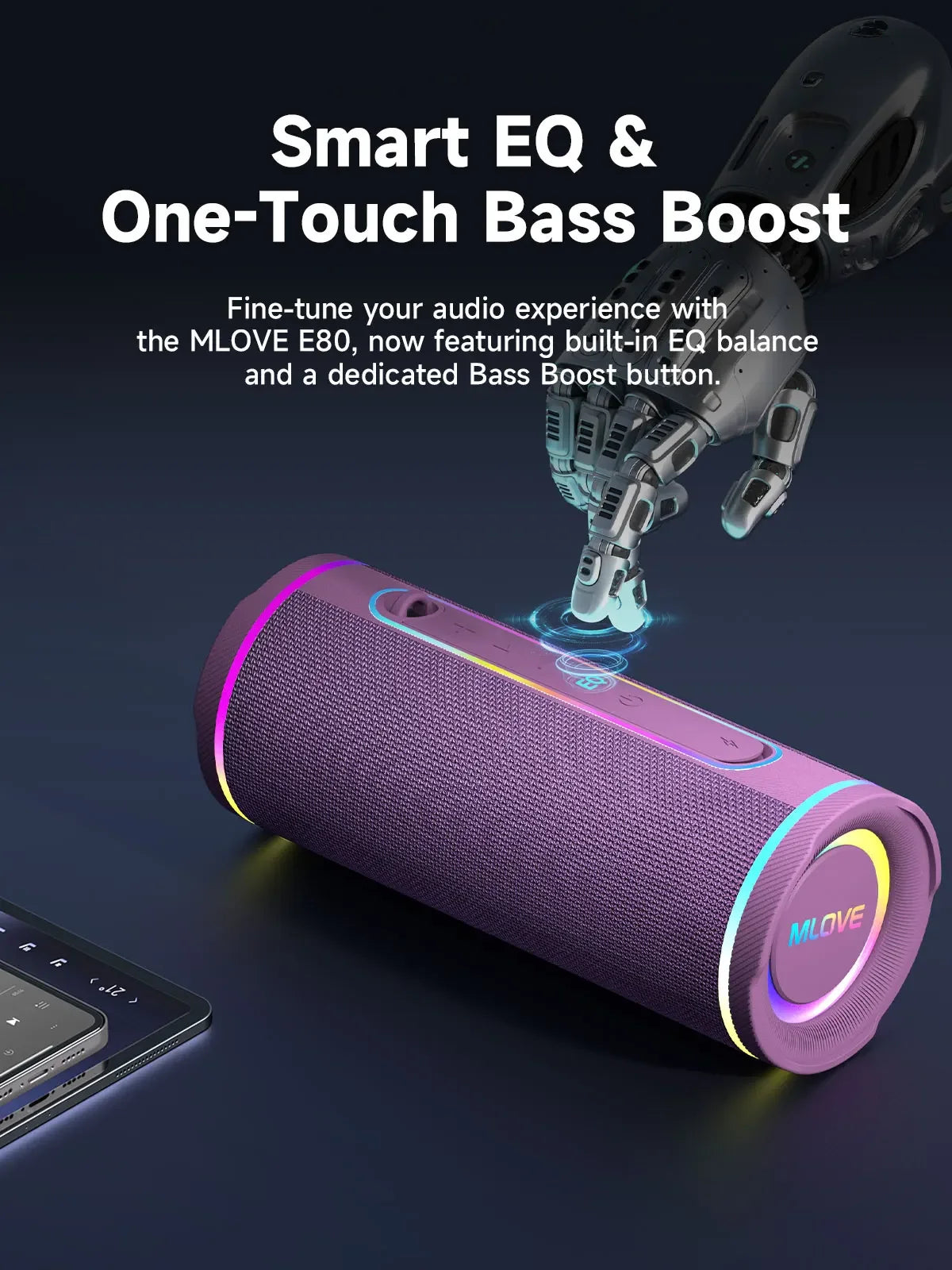 MLOVE E80 Bluetooth Speaker, Bluetooth 5.4, Dual Speakers, RGB Lights, IPX7 Waterproof, TWS Connectivity