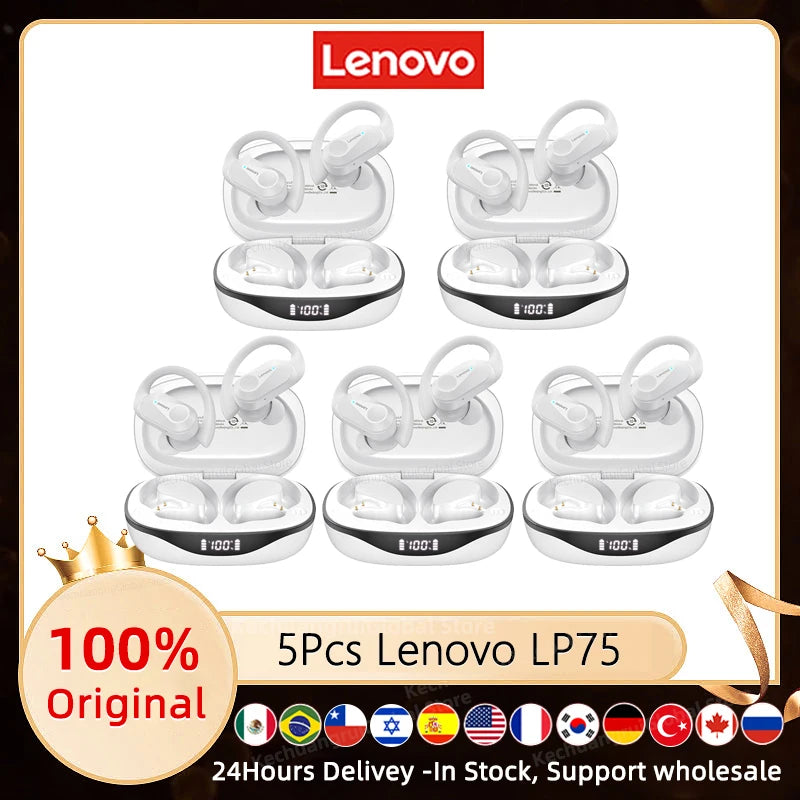 3/5/10PCS Original Lenovo LP75 TWS Sports Headphones Wireless Bluetooth 5.3 EarHook Noise Reduction Gaming Earphone Wholesale