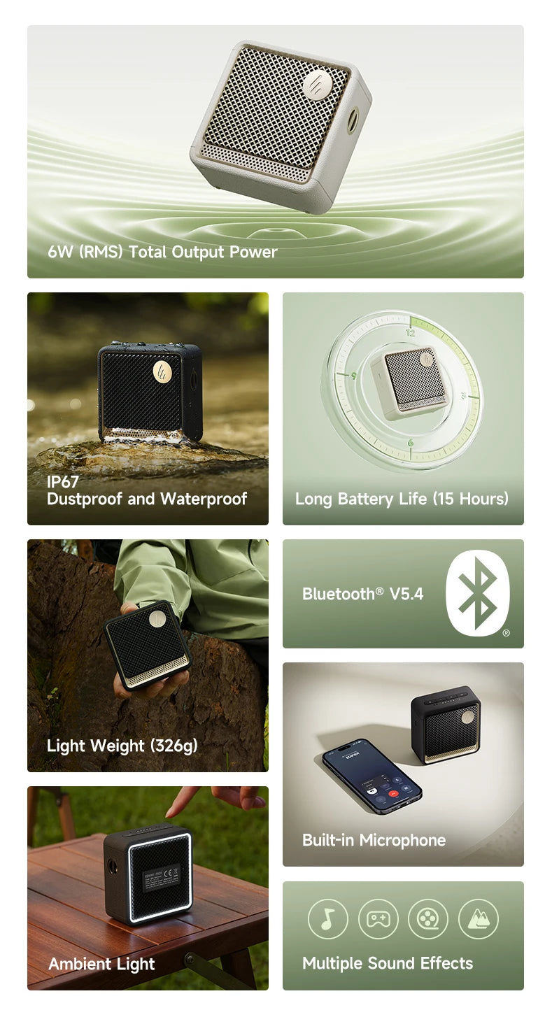 Edifier ES20 Portable Bluetooth Speaker Wireless Speaker IP67 Waterproof Light Effects Outdoor Speakers Deep Bass with Mic