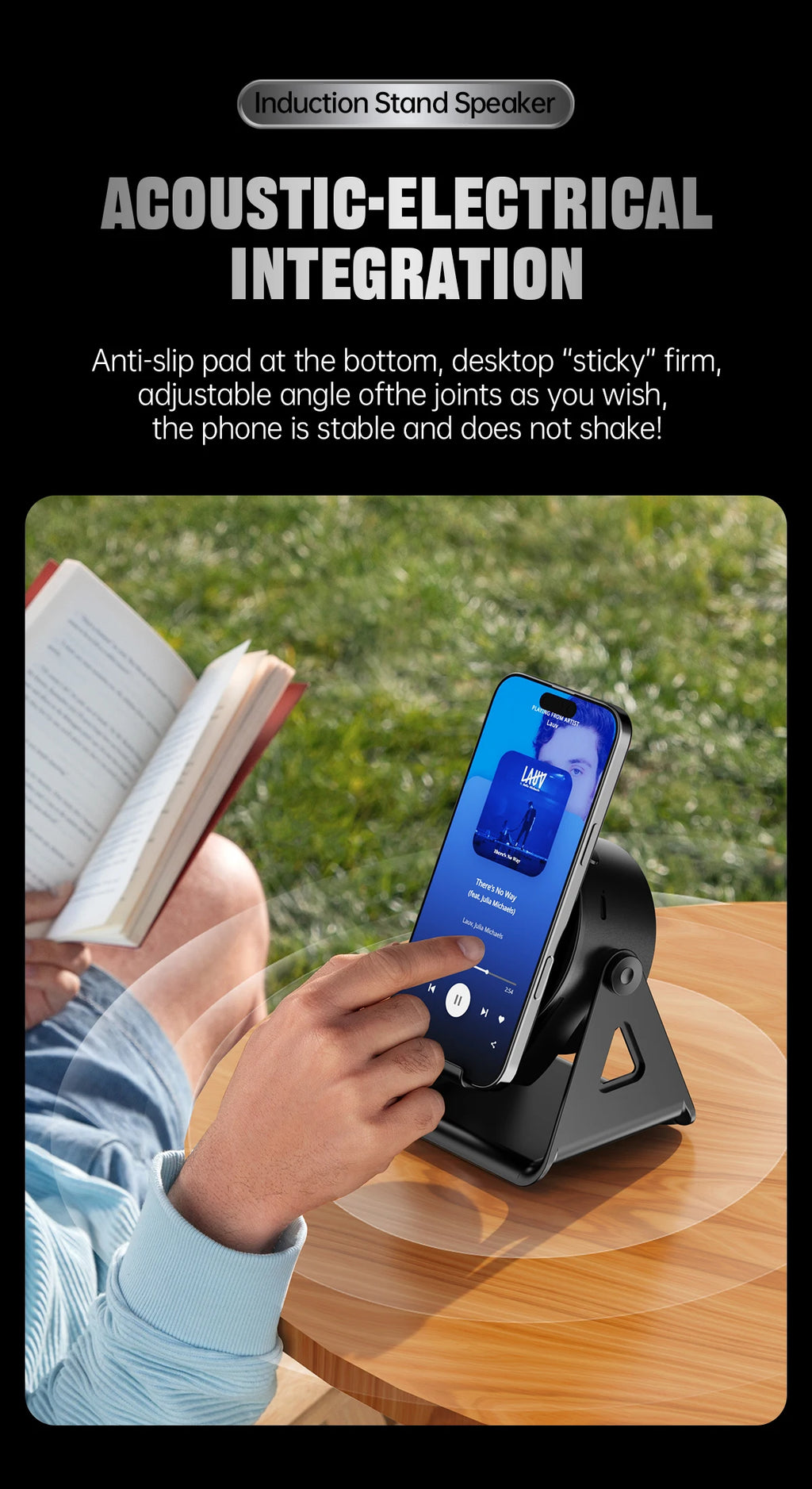 Wireless Induction Speaker,5in1 Bluetooth Speaker Phone Stand with RGB Light,360°Rotation Phone Holder Compatible iPhone Android