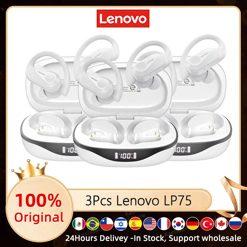 3/5/10PCS Original Lenovo LP75 TWS Sports Headphones Wireless Bluetooth 5.3 EarHook Noise Reduction Gaming Earphone Wholesale