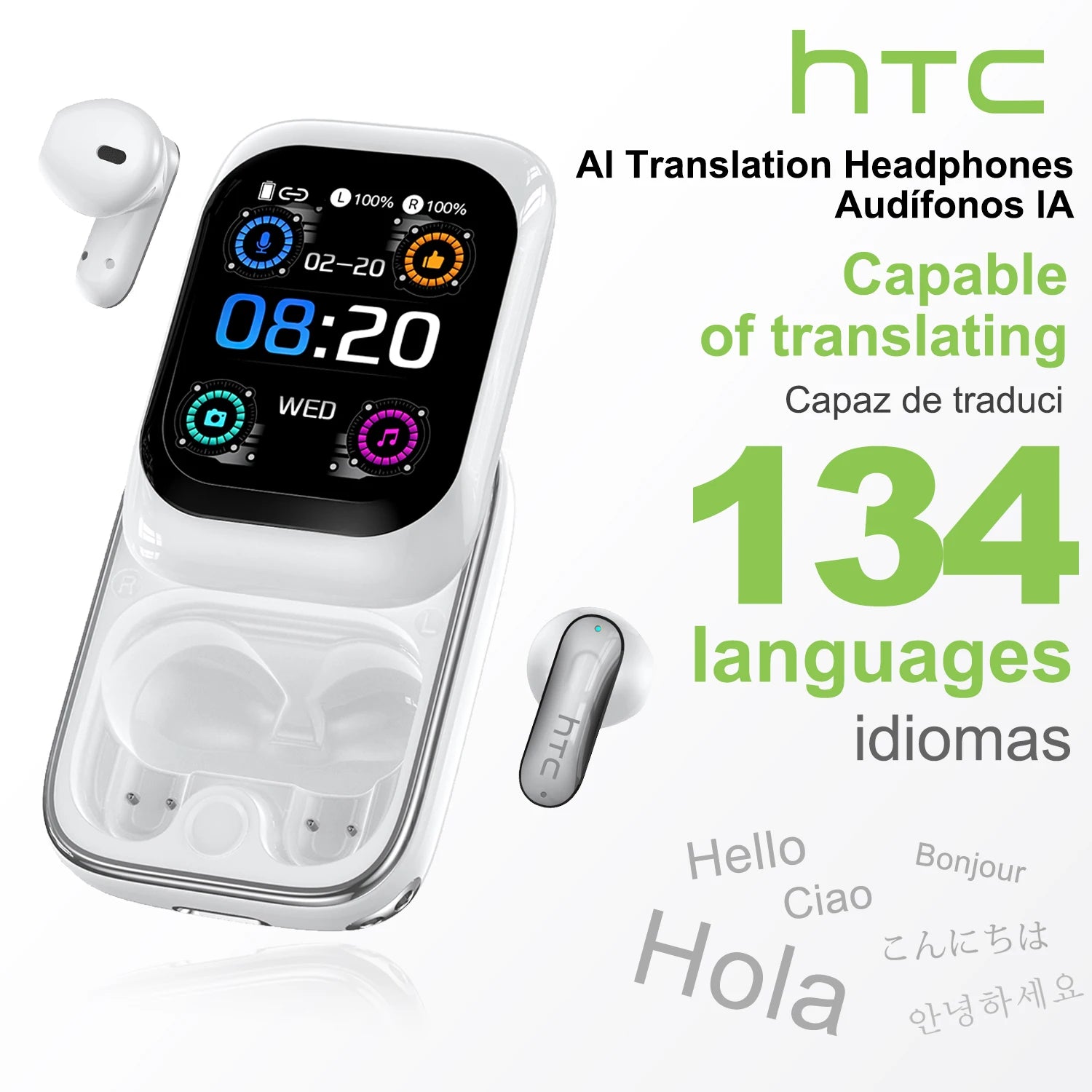 【HTC NE48】Earphones Bluetooth V6.0 TWS in-Ear Wireless Headphones AI Translator Earbud HD LED Screen Noise Reduction Calling