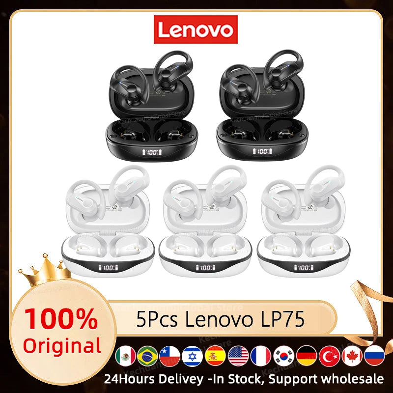 3/5/10PCS Original Lenovo LP75 TWS Sports Headphones Wireless Bluetooth 5.3 EarHook Noise Reduction Gaming Earphone Wholesale