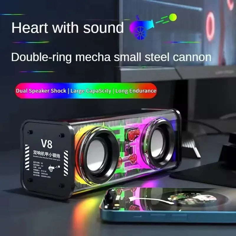TWS V8 Transparent Mecha Powerful Speaker RGB Light Bluetooth Wireless Surround Bass Subwoofer Music Mini Home Party Loudspeaker