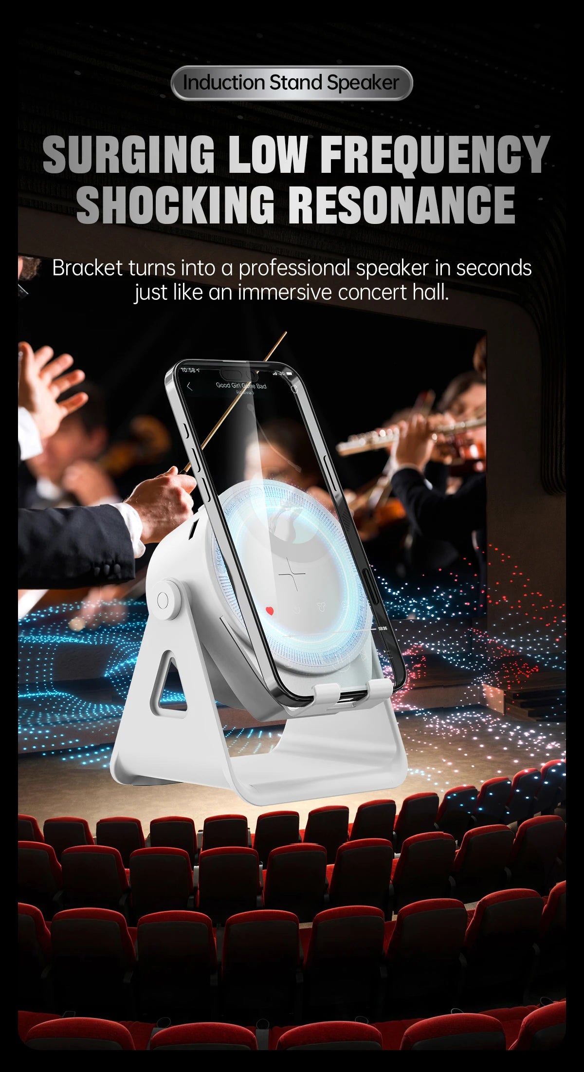 Wireless Induction Speaker,5in1 Bluetooth Speaker Phone Stand with RGB Light,360°Rotation Phone Holder Compatible iPhone Android