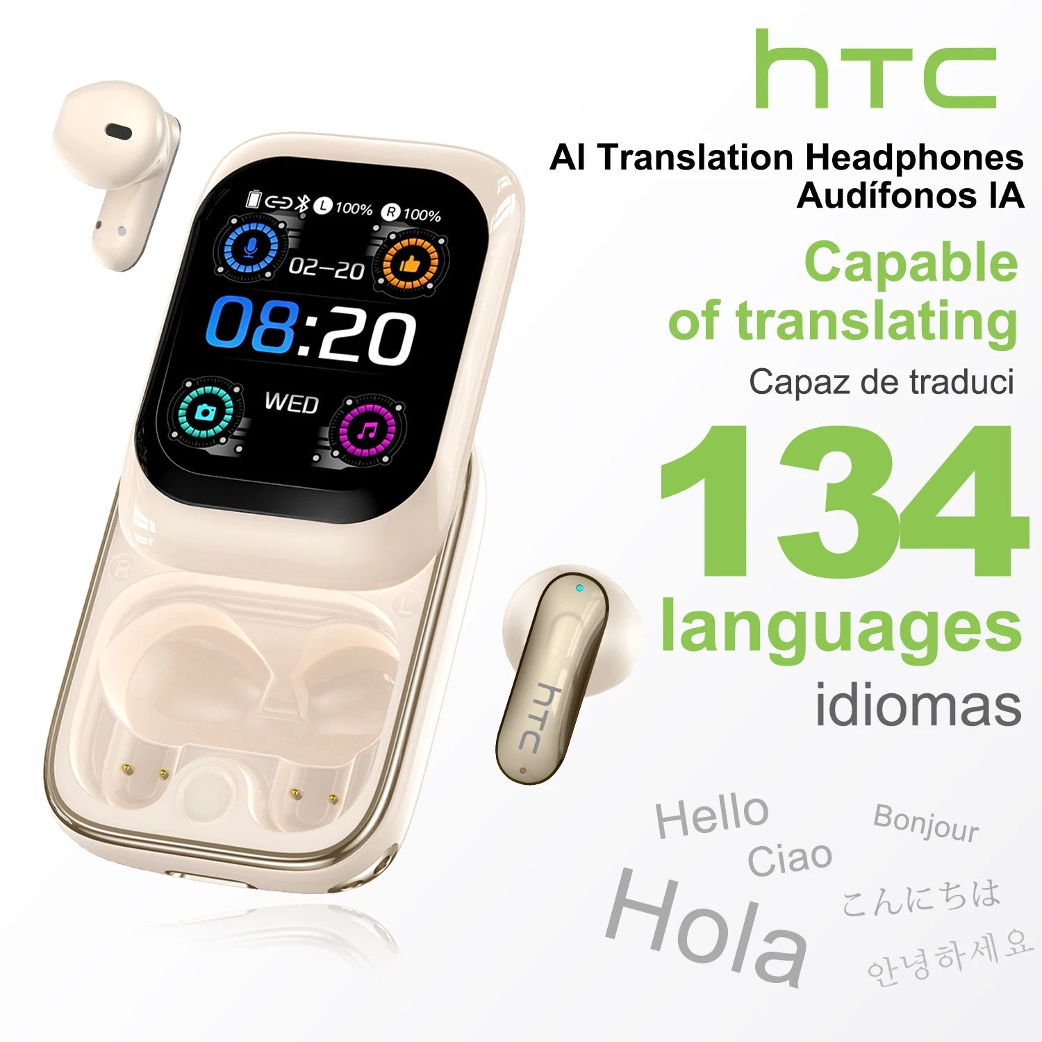 【HTC NE48】Earphones Bluetooth V6.0 TWS in-Ear Wireless Headphones AI Translator Earbud HD LED Screen Noise Reduction Calling