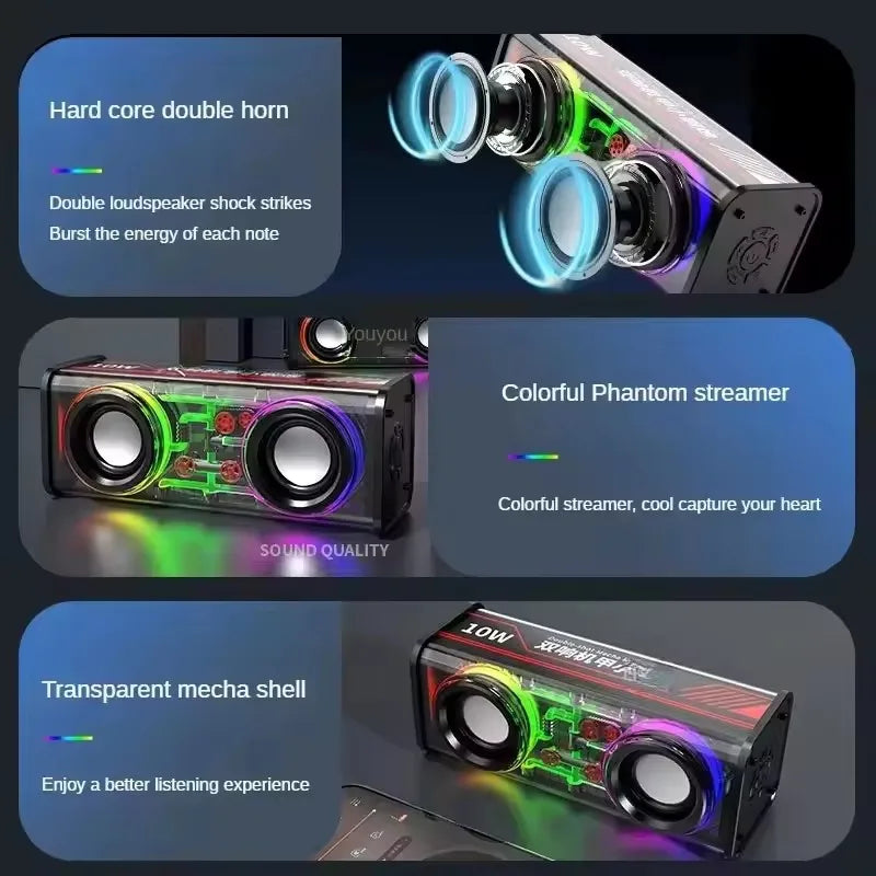 TWS V8 Transparent Mecha Powerful Speaker RGB Light Bluetooth Wireless Surround Bass Subwoofer Music Mini Home Party Loudspeaker