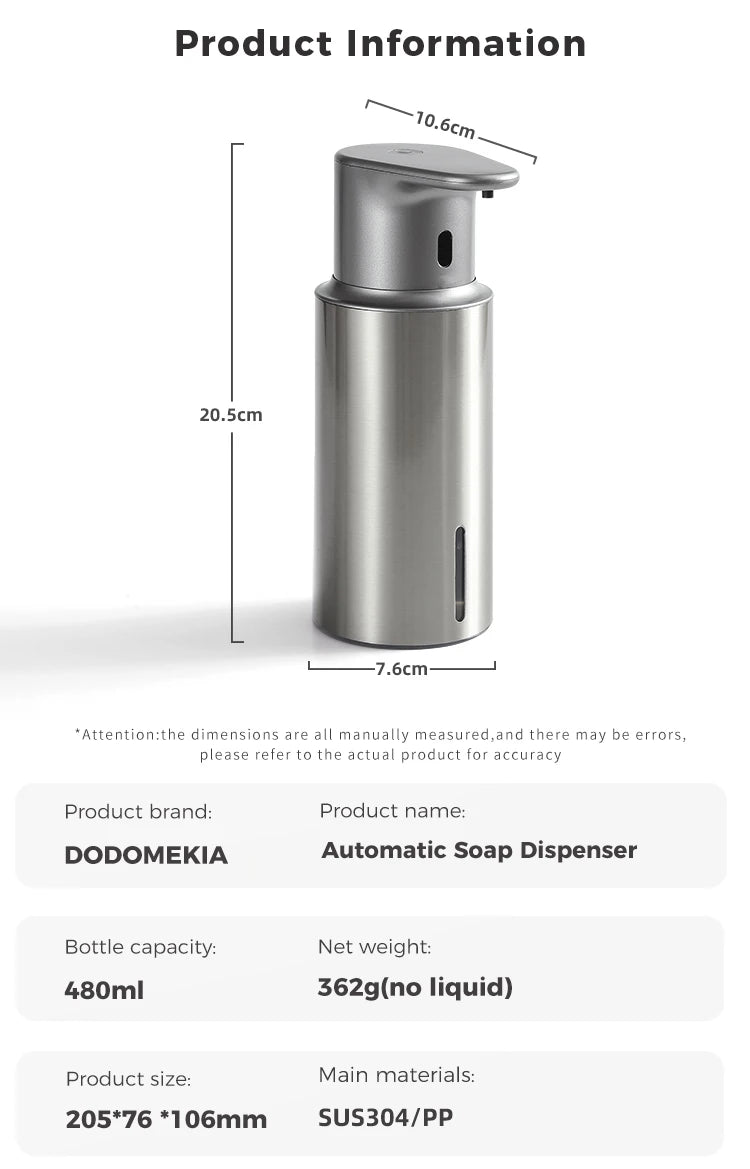 480ml Kitchen Soap Dispenser Automatic Sensor Hand Sanitizer Machine Intelligent Electric Body Wash Soap Dispenser 304 Stainless Steel