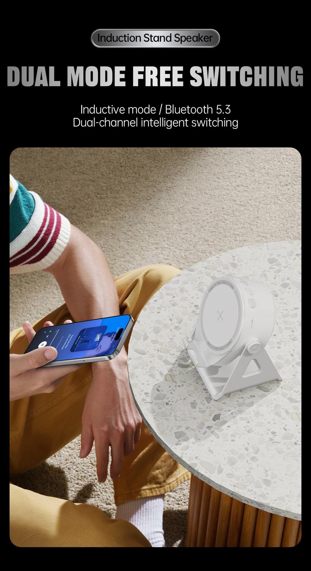 Wireless Induction Speaker,5in1 Bluetooth Speaker Phone Stand with RGB Light,360°Rotation Phone Holder Compatible iPhone Android