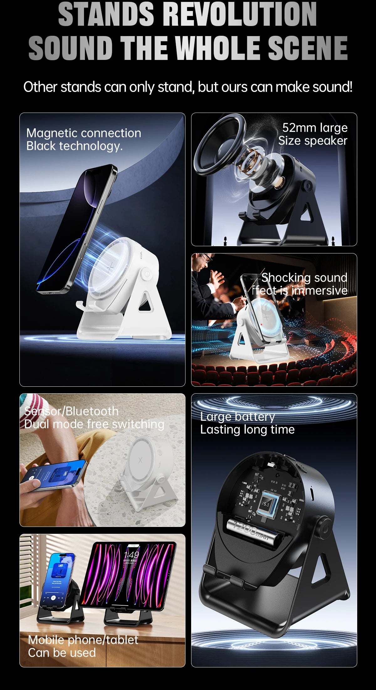 Wireless Induction Speaker,5in1 Bluetooth Speaker Phone Stand with RGB Light,360°Rotation Phone Holder Compatible iPhone Android