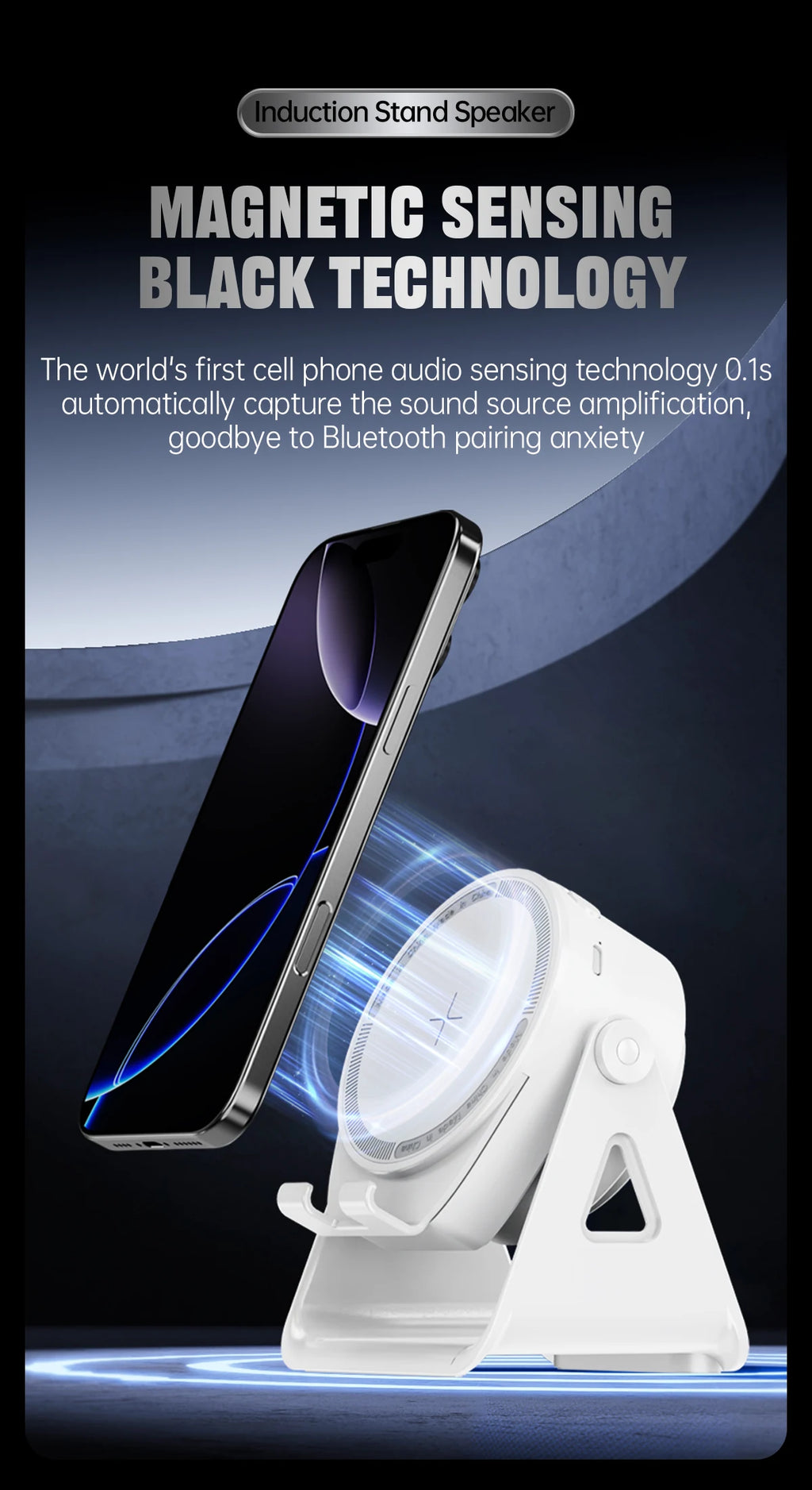 Wireless Induction Speaker,5in1 Bluetooth Speaker Phone Stand with RGB Light,360°Rotation Phone Holder Compatible iPhone Android